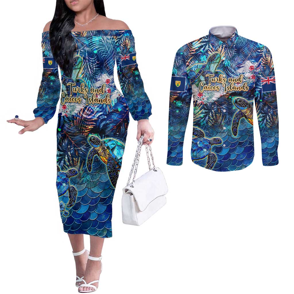 Turks and Caicos Islands Couples Matching Off The Shoulder Long Sleeve Dress and Long Sleeve Button Shirt Sea Turtle Tropical Pattern