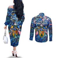 Turks and Caicos Islands Couples Matching Off The Shoulder Long Sleeve Dress and Long Sleeve Button Shirt Sea Turtle Tropical Pattern