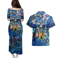 Turks and Caicos Islands Couples Matching Puletasi and Hawaiian Shirt Sea Turtle Tropical Pattern
