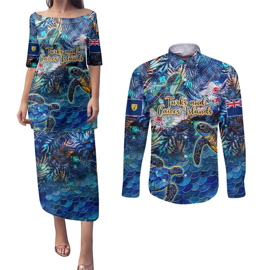 Turks and Caicos Islands Couples Matching Puletasi and Long Sleeve Button Shirt Sea Turtle Tropical Pattern