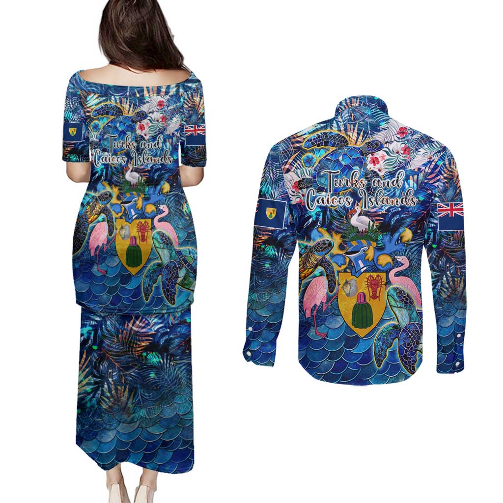 Turks and Caicos Islands Couples Matching Puletasi and Long Sleeve Button Shirt Sea Turtle Tropical Pattern