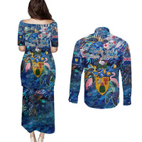 Turks and Caicos Islands Couples Matching Puletasi and Long Sleeve Button Shirt Sea Turtle Tropical Pattern