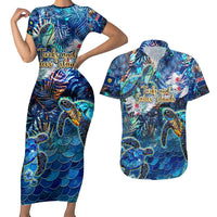 Turks and Caicos Islands Couples Matching Short Sleeve Bodycon Dress and Hawaiian Shirt Sea Turtle Tropical Pattern