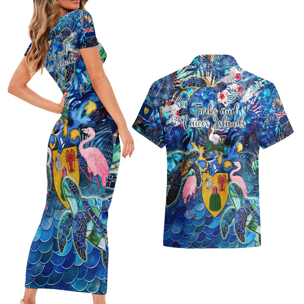 Turks and Caicos Islands Couples Matching Short Sleeve Bodycon Dress and Hawaiian Shirt Sea Turtle Tropical Pattern