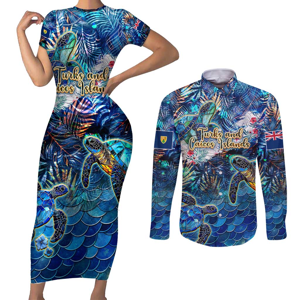Turks and Caicos Islands Couples Matching Short Sleeve Bodycon Dress and Long Sleeve Button Shirt Sea Turtle Tropical Pattern