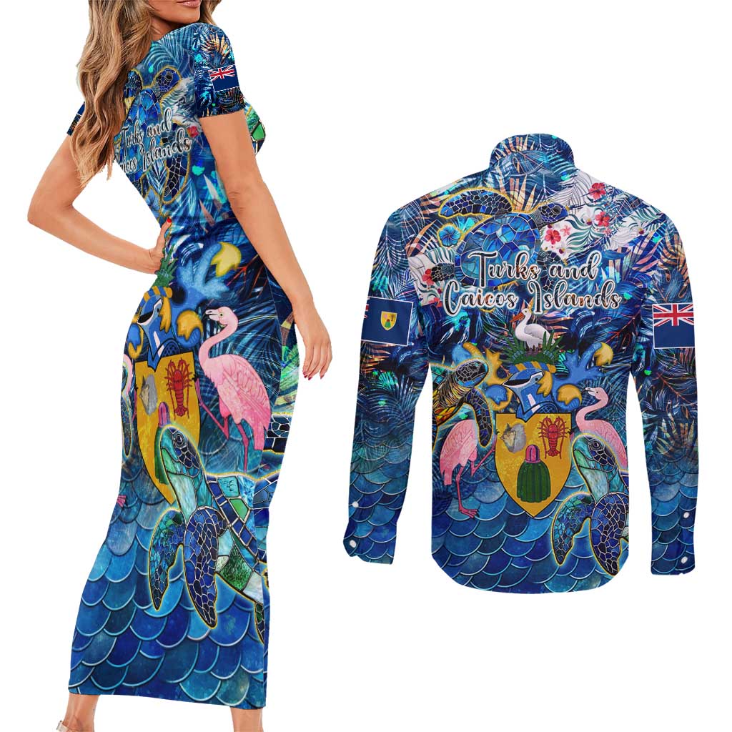 Turks and Caicos Islands Couples Matching Short Sleeve Bodycon Dress and Long Sleeve Button Shirt Sea Turtle Tropical Pattern