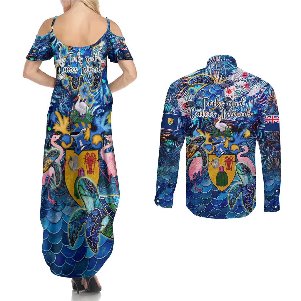 Turks and Caicos Islands Couples Matching Summer Maxi Dress and Long Sleeve Button Shirt Sea Turtle Tropical Pattern