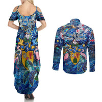 Turks and Caicos Islands Couples Matching Summer Maxi Dress and Long Sleeve Button Shirt Sea Turtle Tropical Pattern