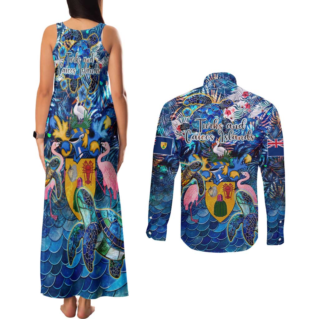 Turks and Caicos Islands Couples Matching Tank Maxi Dress and Long Sleeve Button Shirt Sea Turtle Tropical Pattern