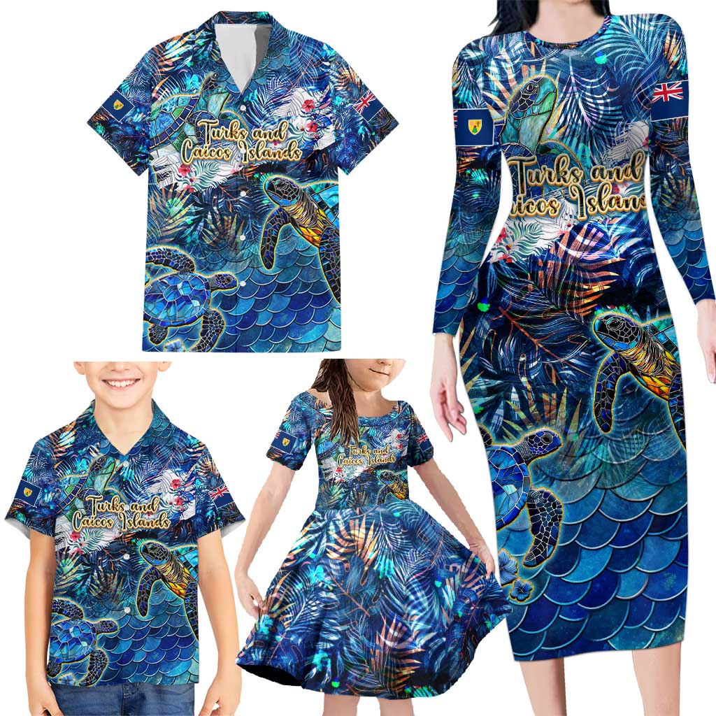 Turks and Caicos Islands Family Matching Long Sleeve Bodycon Dress and Hawaiian Shirt Sea Turtle Tropical Pattern