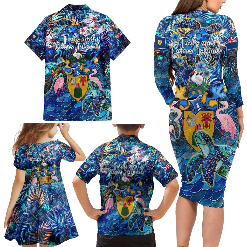 Turks and Caicos Islands Family Matching Long Sleeve Bodycon Dress and Hawaiian Shirt Sea Turtle Tropical Pattern