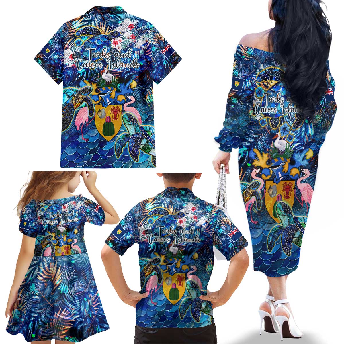 Turks and Caicos Islands Family Matching Off The Shoulder Long Sleeve Dress and Hawaiian Shirt Sea Turtle Tropical Pattern
