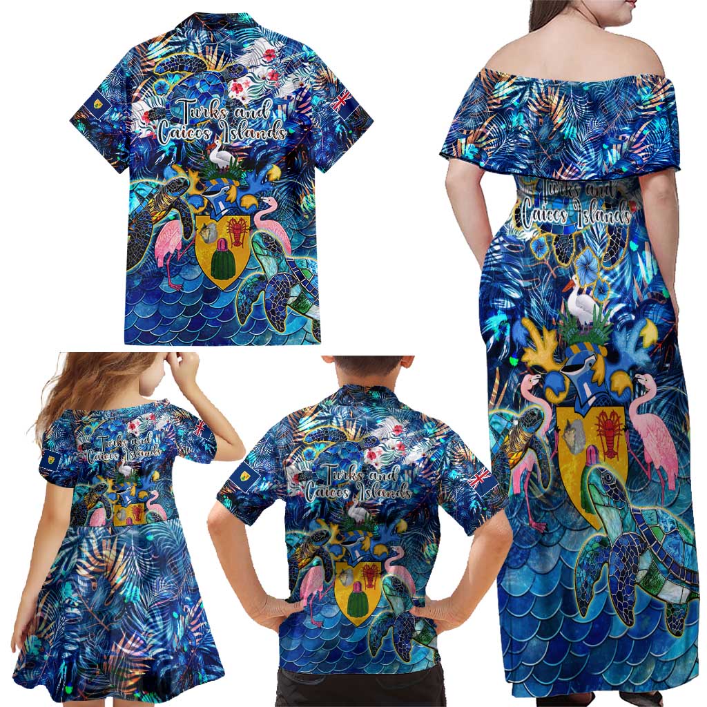 Turks and Caicos Islands Family Matching Off Shoulder Maxi Dress and Hawaiian Shirt Sea Turtle Tropical Pattern