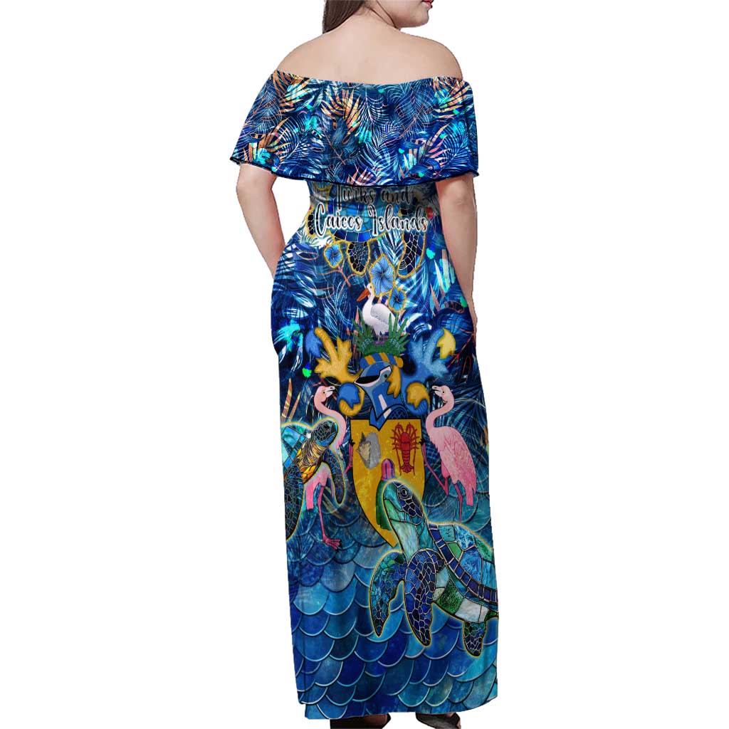 Turks and Caicos Islands Family Matching Off Shoulder Maxi Dress and Hawaiian Shirt Sea Turtle Tropical Pattern