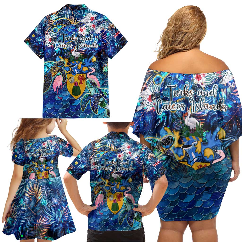 Turks and Caicos Islands Family Matching Off Shoulder Short Dress and Hawaiian Shirt Sea Turtle Tropical Pattern - Wonder Print Shop