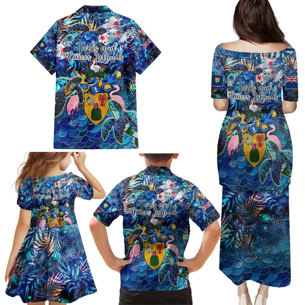 Turks and Caicos Islands Family Matching Puletasi and Hawaiian Shirt Sea Turtle Tropical Pattern