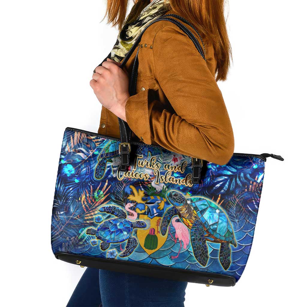 Turks and Caicos Islands Leather Tote Bag Sea Turtle Tropical Pattern