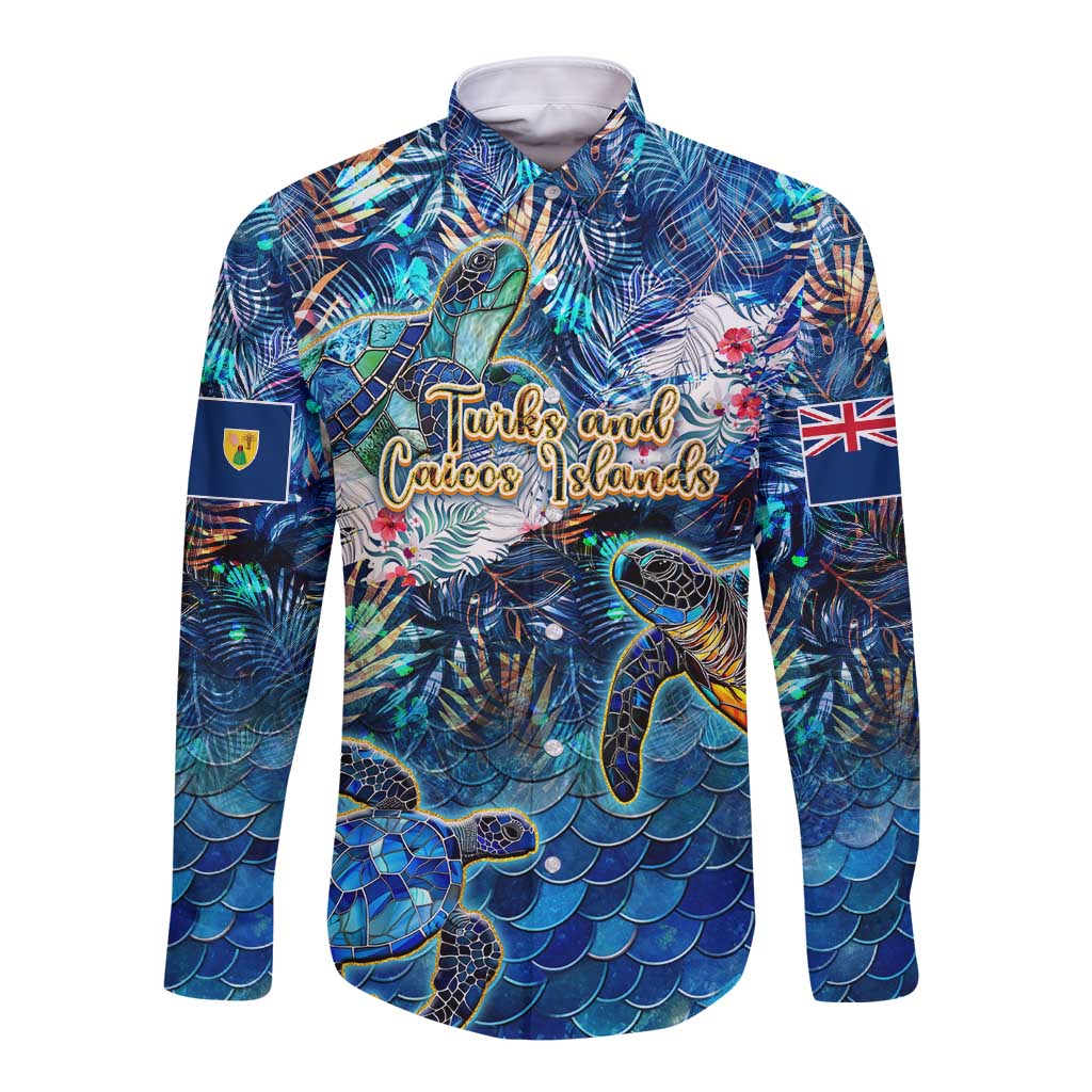 Turks and Caicos Islands Long Sleeve Button Shirt Sea Turtle Tropical Pattern