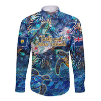 Turks and Caicos Islands Long Sleeve Button Shirt Sea Turtle Tropical Pattern