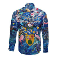 Turks and Caicos Islands Long Sleeve Button Shirt Sea Turtle Tropical Pattern
