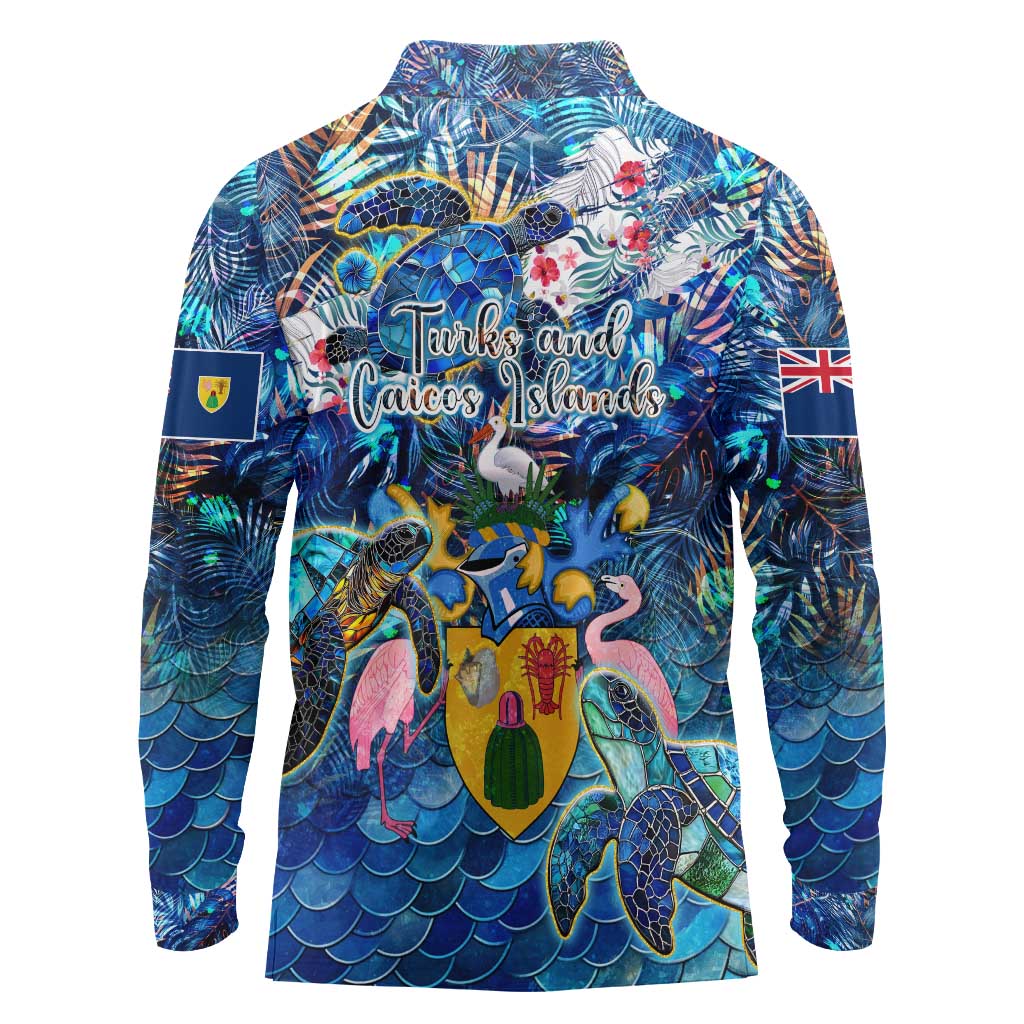 Turks and Caicos Islands Long Sleeve Polo Shirt Sea Turtle Tropical Pattern - Wonder Print Shop