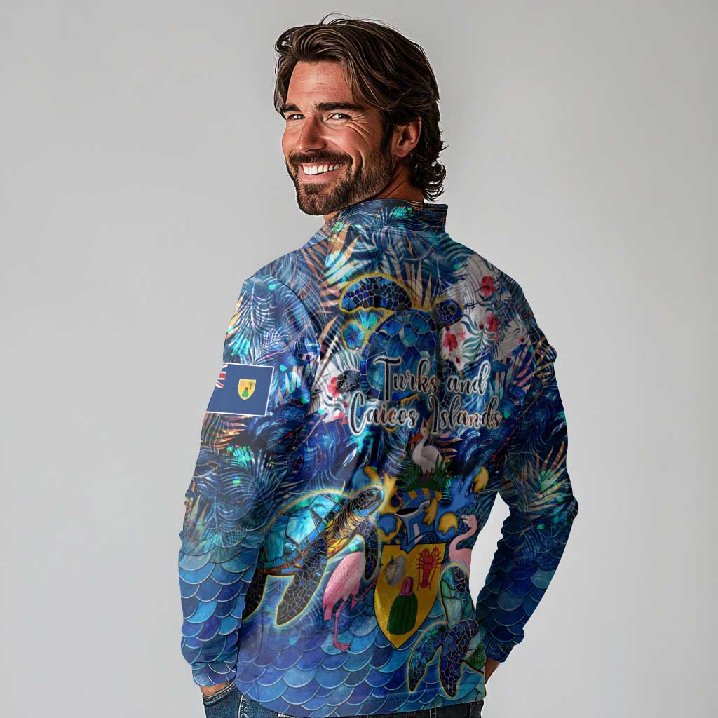 Turks and Caicos Islands Long Sleeve Polo Shirt Sea Turtle Tropical Pattern - Wonder Print Shop