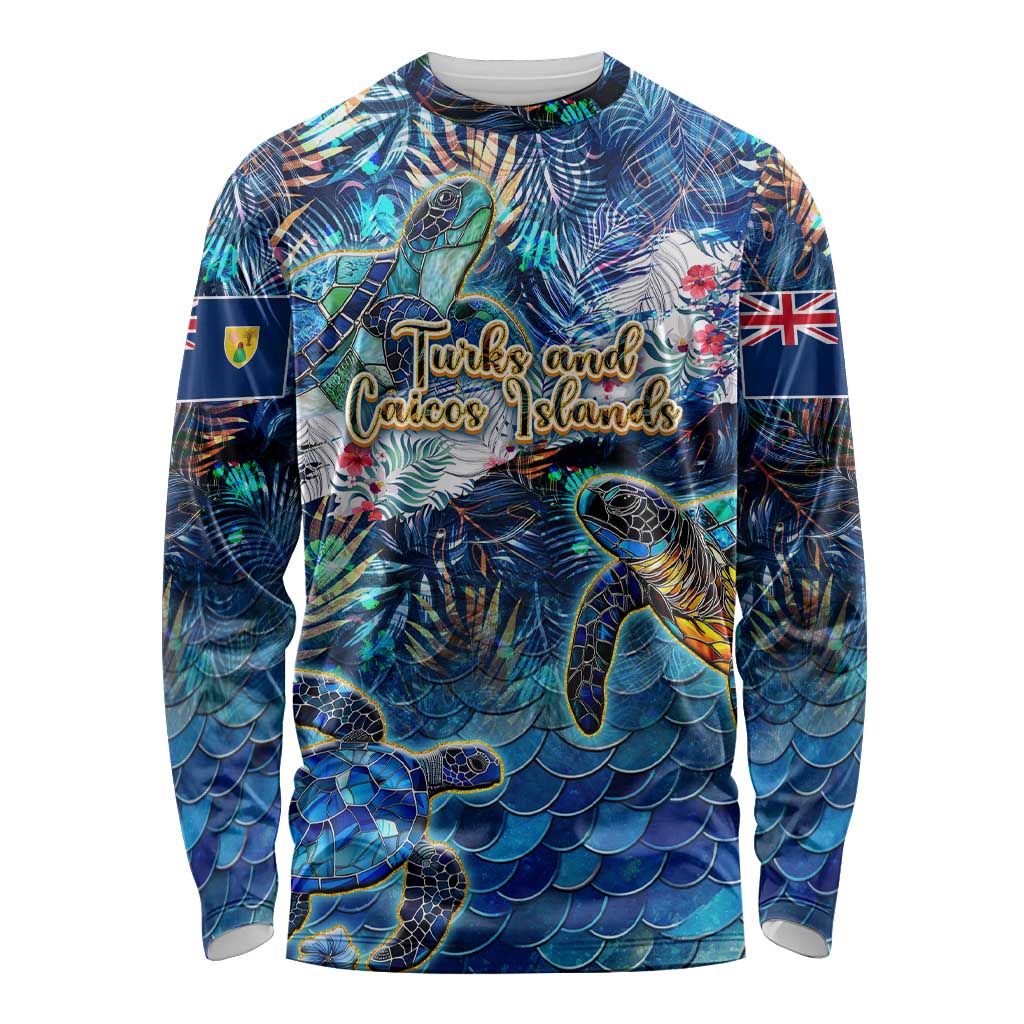 Turks and Caicos Islands Long Sleeve Shirt Sea Turtle Tropical Pattern - Wonder Print Shop