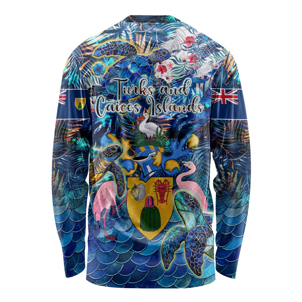 Turks and Caicos Islands Long Sleeve Shirt Sea Turtle Tropical Pattern - Wonder Print Shop