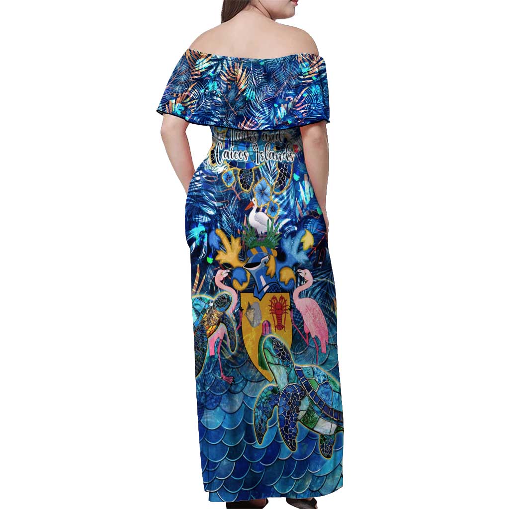 Turks and Caicos Islands Off Shoulder Maxi Dress Sea Turtle Tropical Pattern - Wonder Print Shop