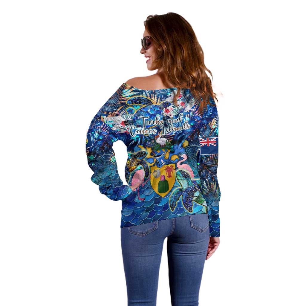 Turks and Caicos Islands Off Shoulder Sweater Sea Turtle Tropical Pattern - Wonder Print Shop