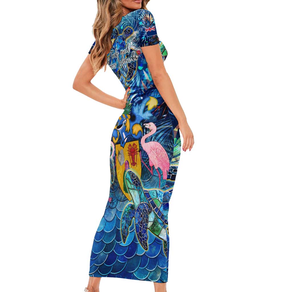 Turks and Caicos Islands Short Sleeve Bodycon Dress Sea Turtle Tropical Pattern - Wonder Print Shop