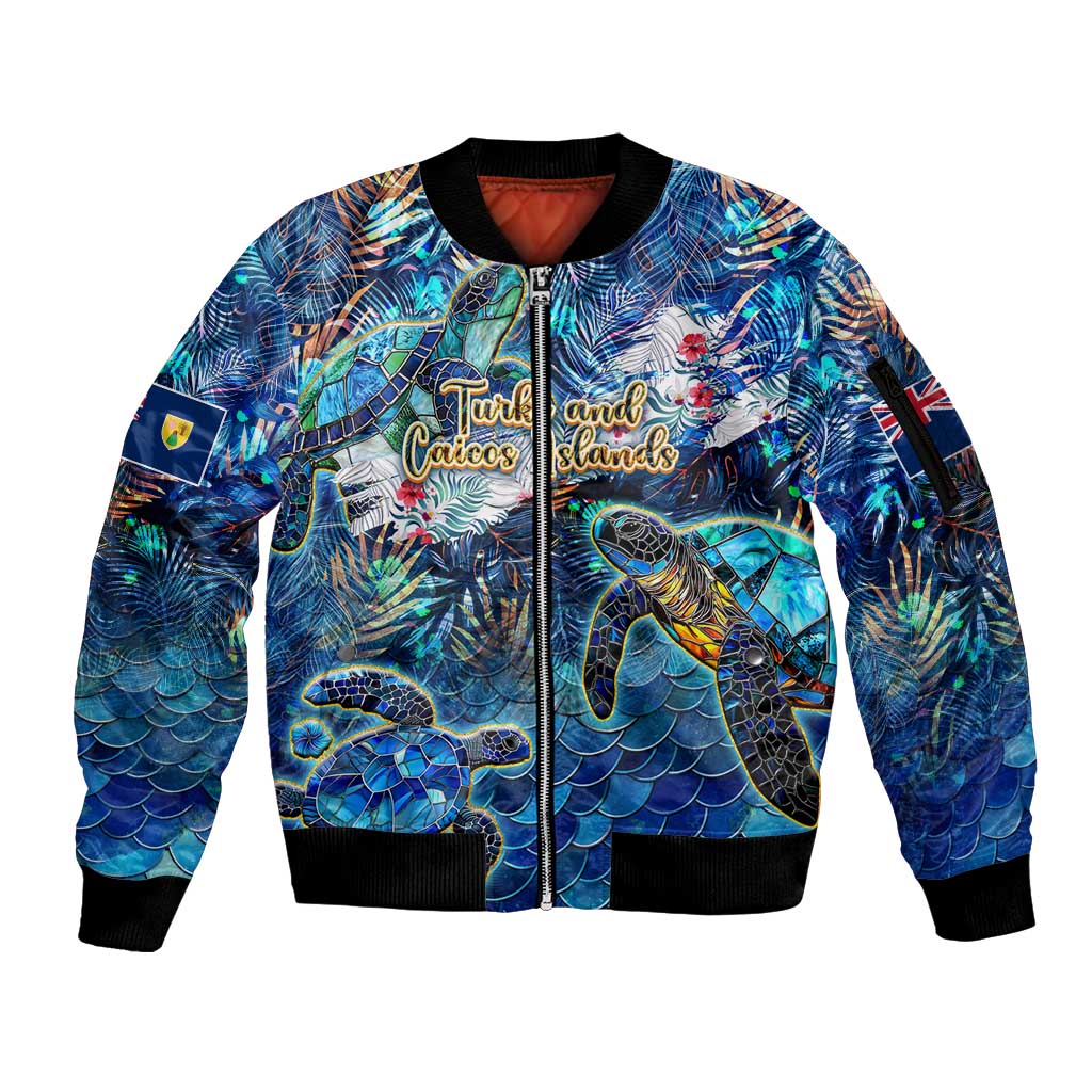 Turks and Caicos Islands Sleeve Zip Bomber Jacket Sea Turtle Tropical Pattern - Wonder Print Shop