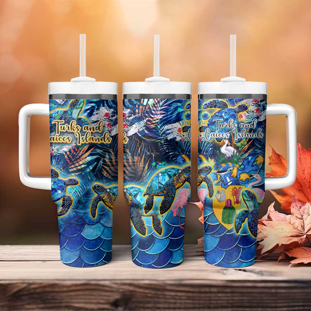Turks and Caicos Islands Tumbler With Handle Sea Turtle Tropical Pattern - Wonder Print Shop