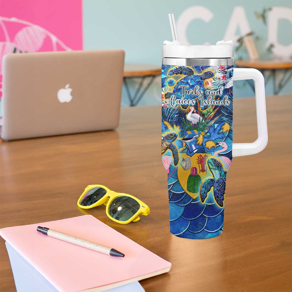Turks and Caicos Islands Tumbler With Handle Sea Turtle Tropical Pattern - Wonder Print Shop