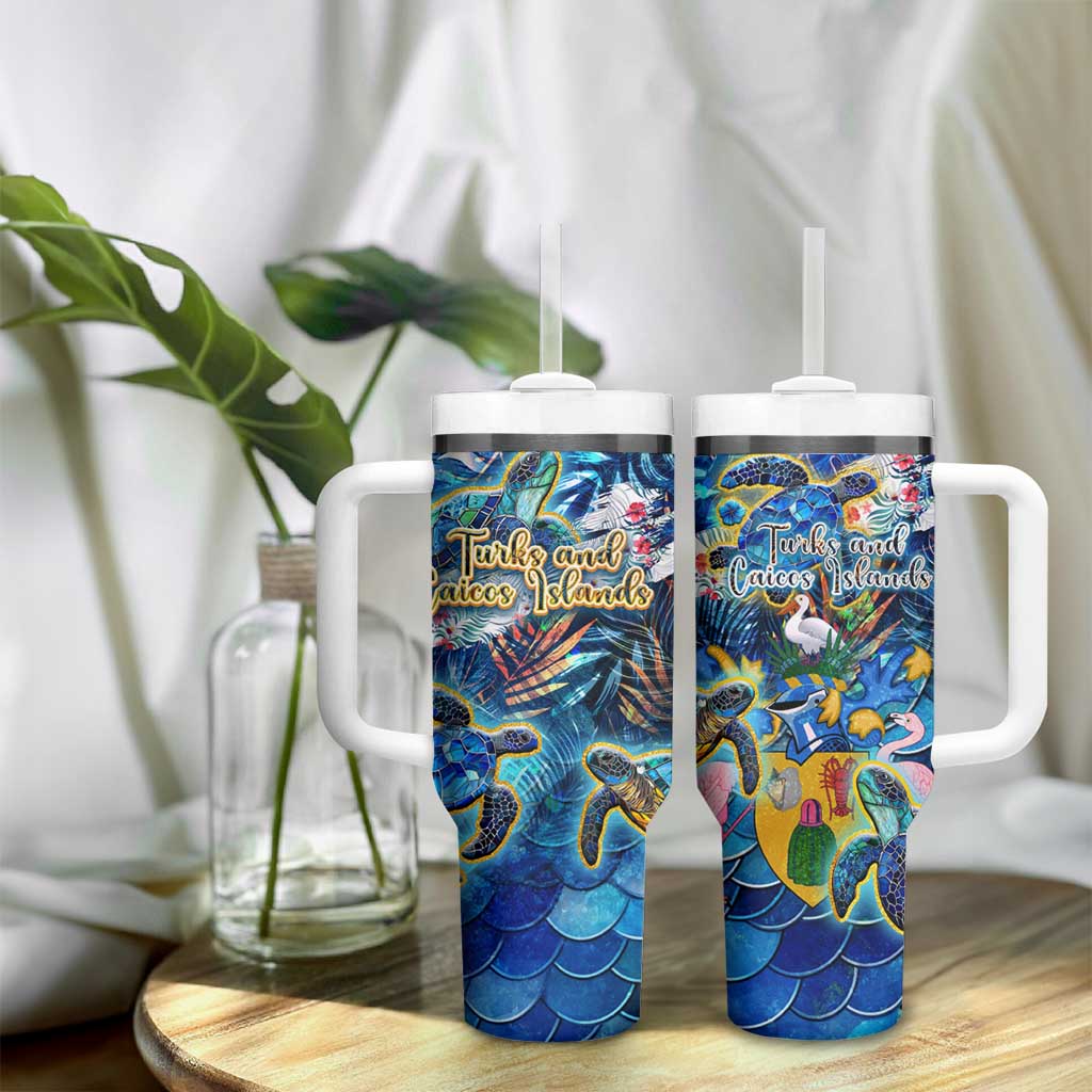 Turks and Caicos Islands Tumbler With Handle Sea Turtle Tropical Pattern - Wonder Print Shop