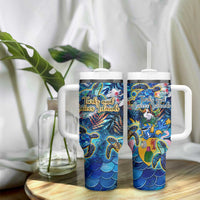 Turks and Caicos Islands Tumbler With Handle Sea Turtle Tropical Pattern - Wonder Print Shop