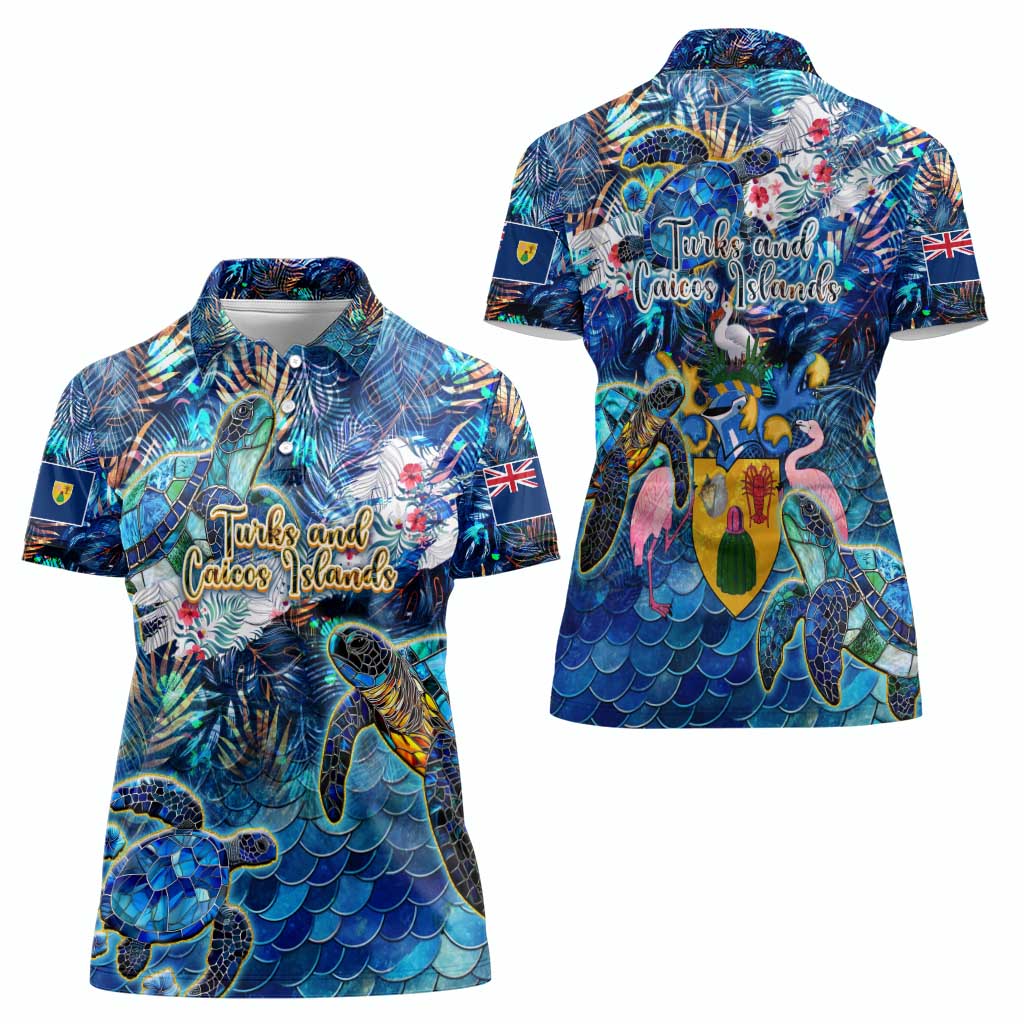 Turks and Caicos Islands Women Polo Shirt Sea Turtle Tropical Pattern - Wonder Print Shop