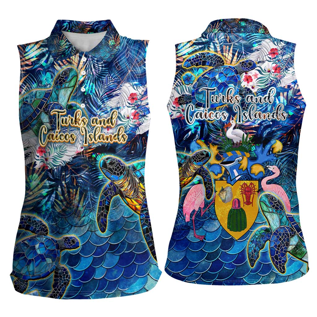 Turks and Caicos Islands Women Sleeveless Polo Shirt Sea Turtle Tropical Pattern - Wonder Print Shop