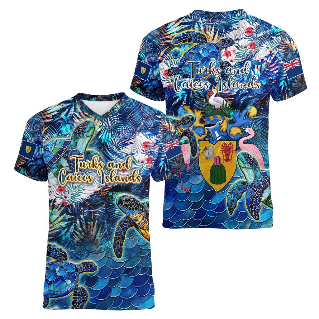 Turks and Caicos Islands Women V-Neck T-Shirt Sea Turtle Tropical Pattern - Wonder Print Shop