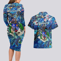 Montserrat Couples Matching Long Sleeve Bodycon Dress and Hawaiian Shirt Sea Turtle Tropical Pattern
