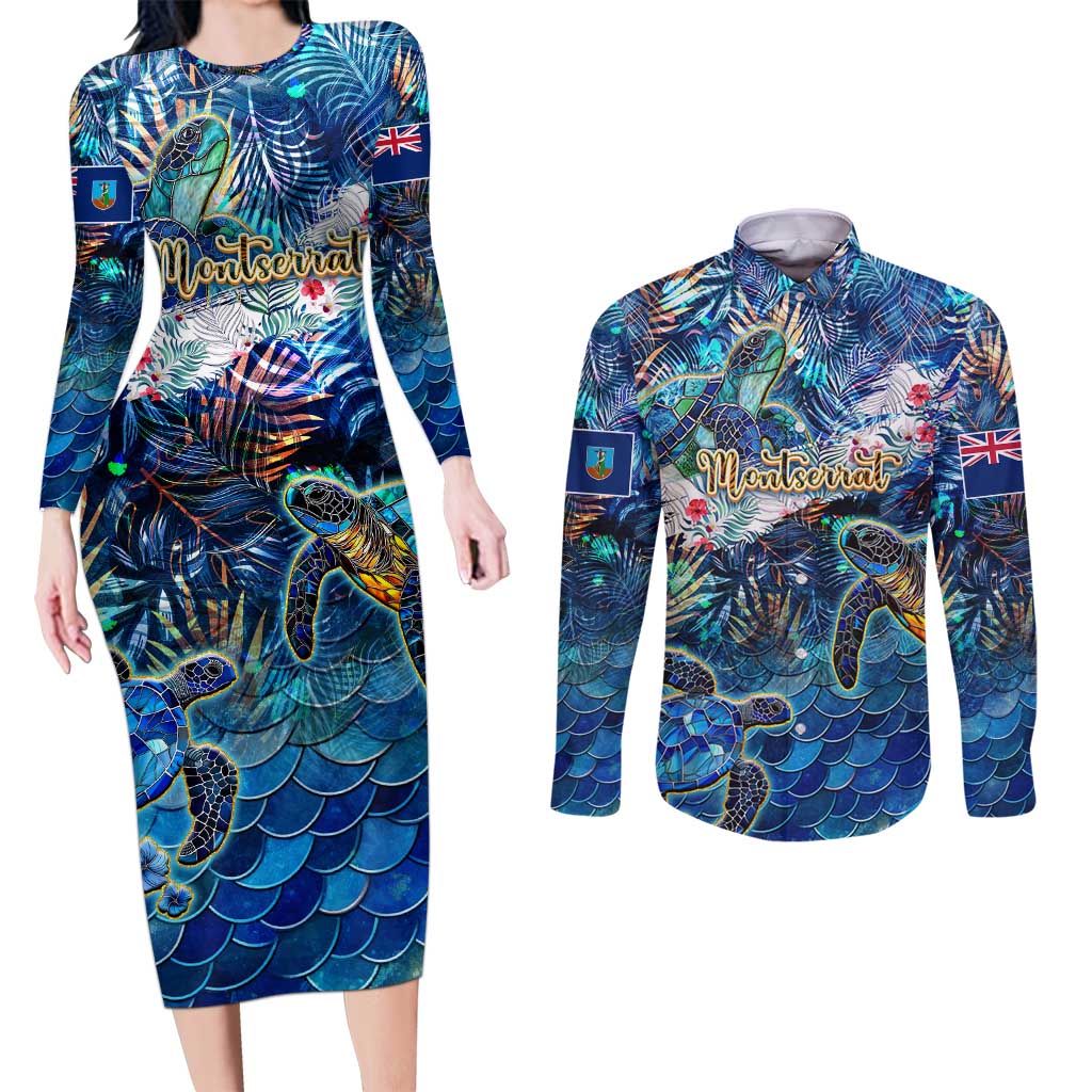 Montserrat Couples Matching Long Sleeve Bodycon Dress and Long Sleeve Button Shirt Sea Turtle Tropical Pattern