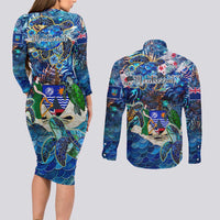 Montserrat Couples Matching Long Sleeve Bodycon Dress and Long Sleeve Button Shirt Sea Turtle Tropical Pattern
