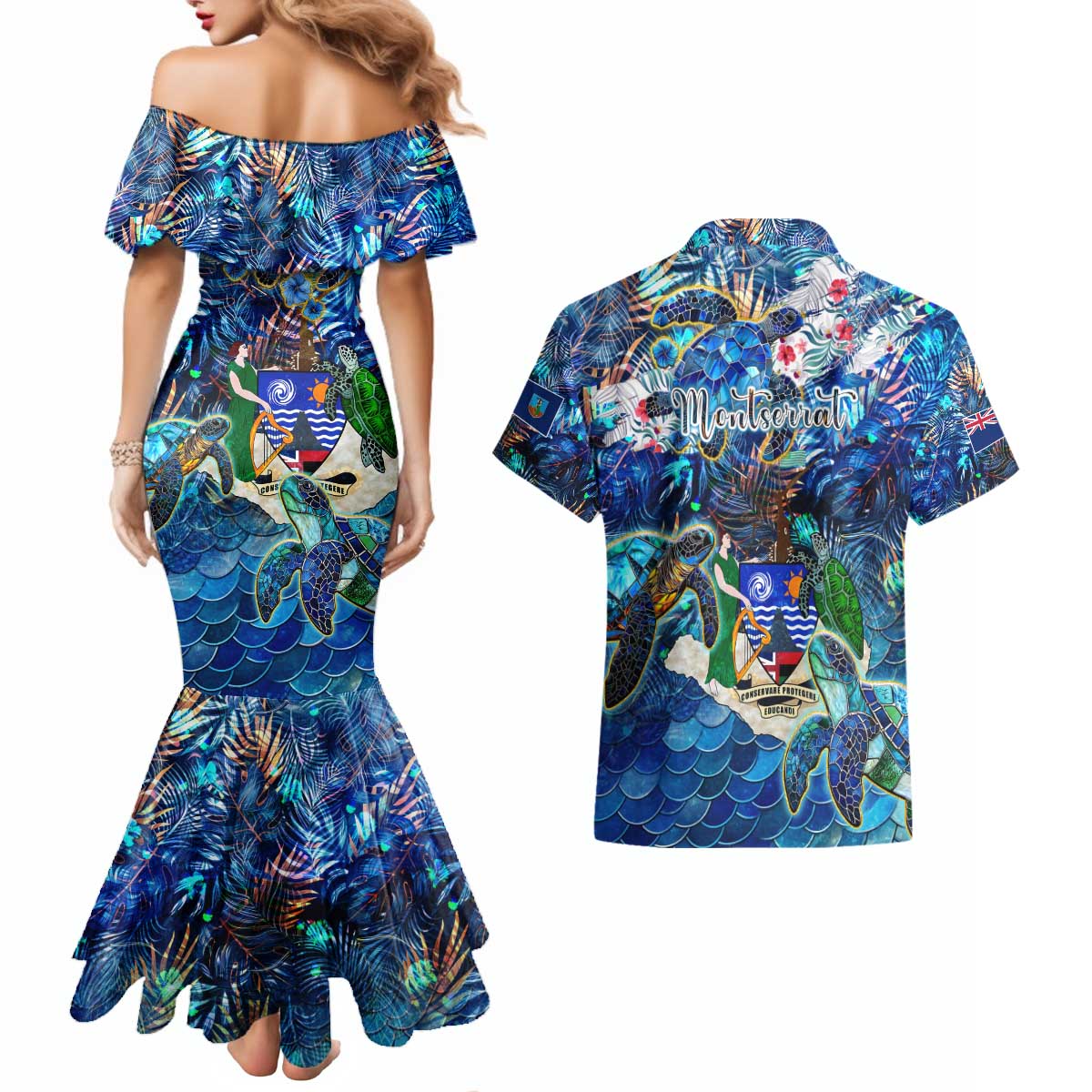 Montserrat Couples Matching Mermaid Dress and Hawaiian Shirt Sea Turtle Tropical Pattern