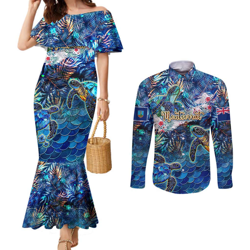 Montserrat Couples Matching Mermaid Dress and Long Sleeve Button Shirt Sea Turtle Tropical Pattern