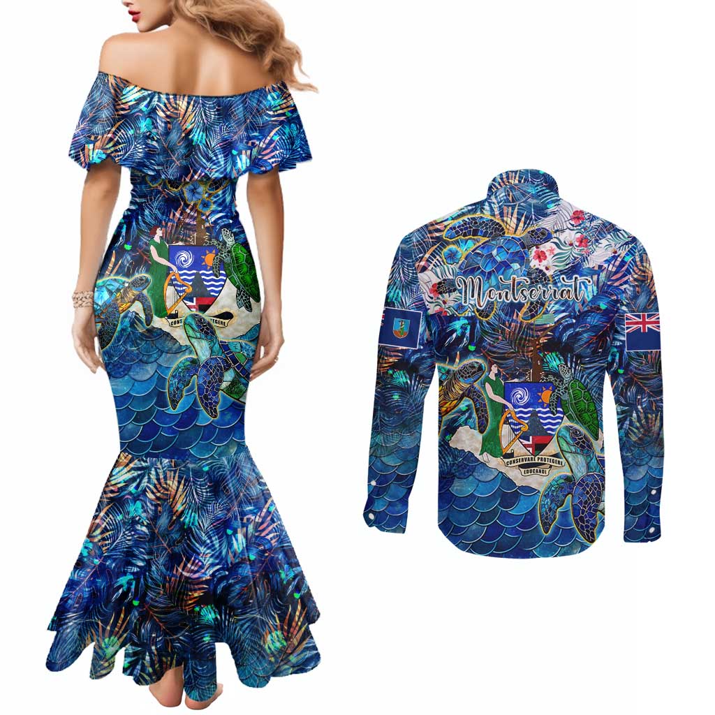 Montserrat Couples Matching Mermaid Dress and Long Sleeve Button Shirt Sea Turtle Tropical Pattern