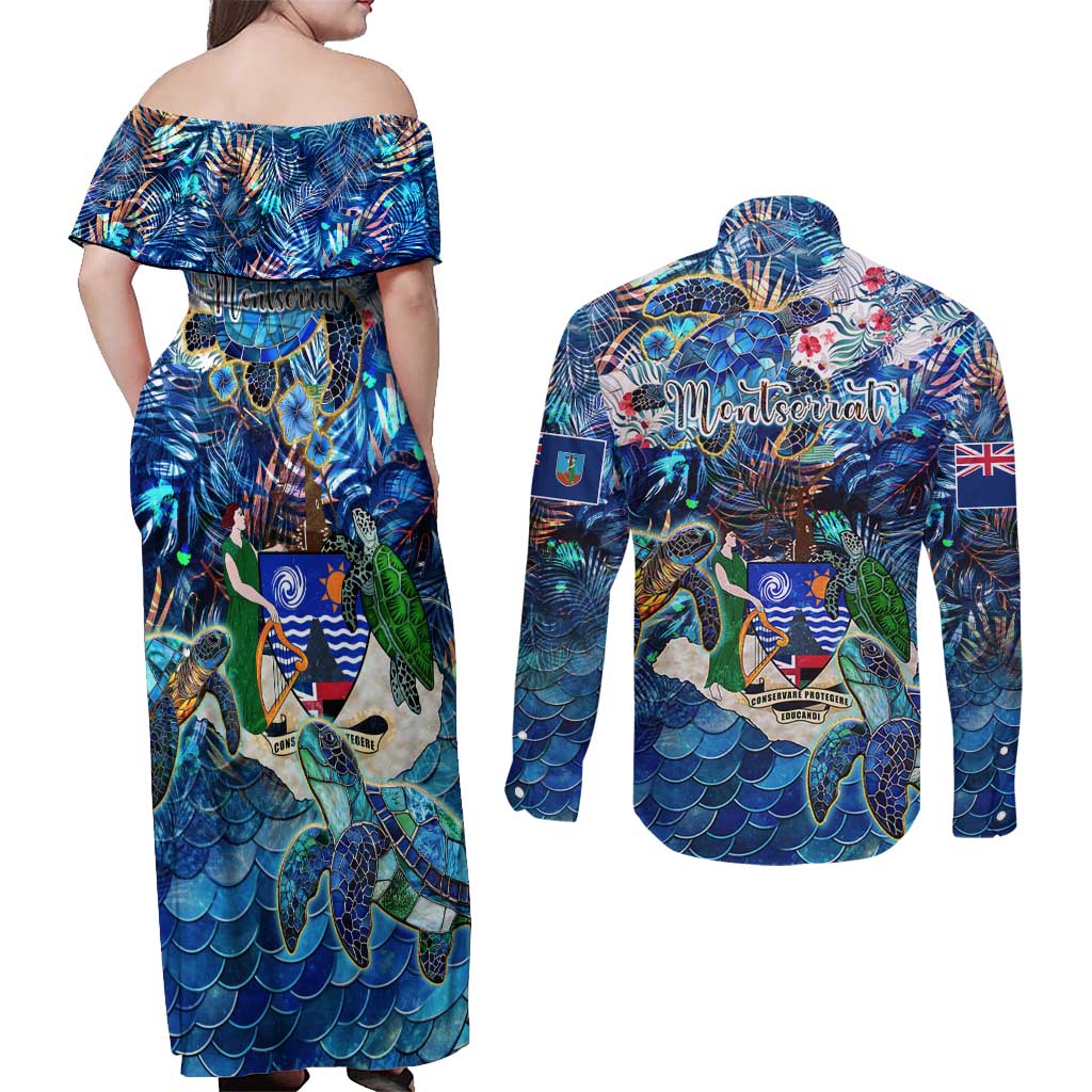 Montserrat Couples Matching Off Shoulder Maxi Dress and Long Sleeve Button Shirt Sea Turtle Tropical Pattern