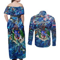 Montserrat Couples Matching Off Shoulder Maxi Dress and Long Sleeve Button Shirt Sea Turtle Tropical Pattern