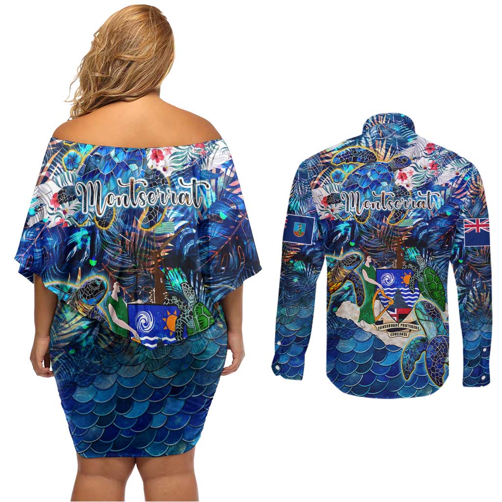 Montserrat Couples Matching Off Shoulder Short Dress and Long Sleeve Button Shirt Sea Turtle Tropical Pattern
