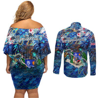 Montserrat Couples Matching Off Shoulder Short Dress and Long Sleeve Button Shirt Sea Turtle Tropical Pattern