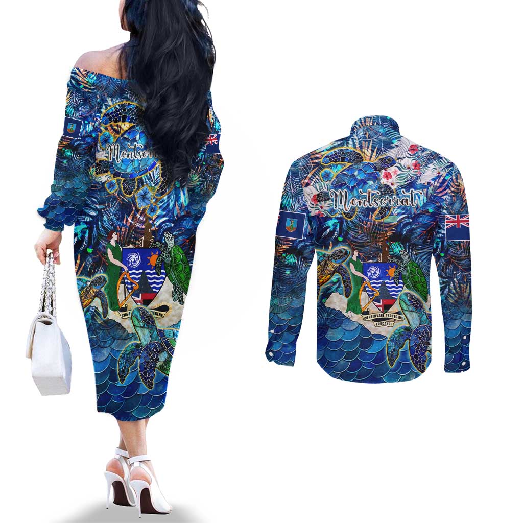 Montserrat Couples Matching Off The Shoulder Long Sleeve Dress and Long Sleeve Button Shirt Sea Turtle Tropical Pattern